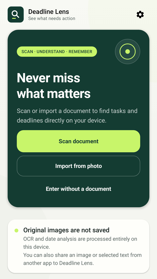 Deadline Lens home screen