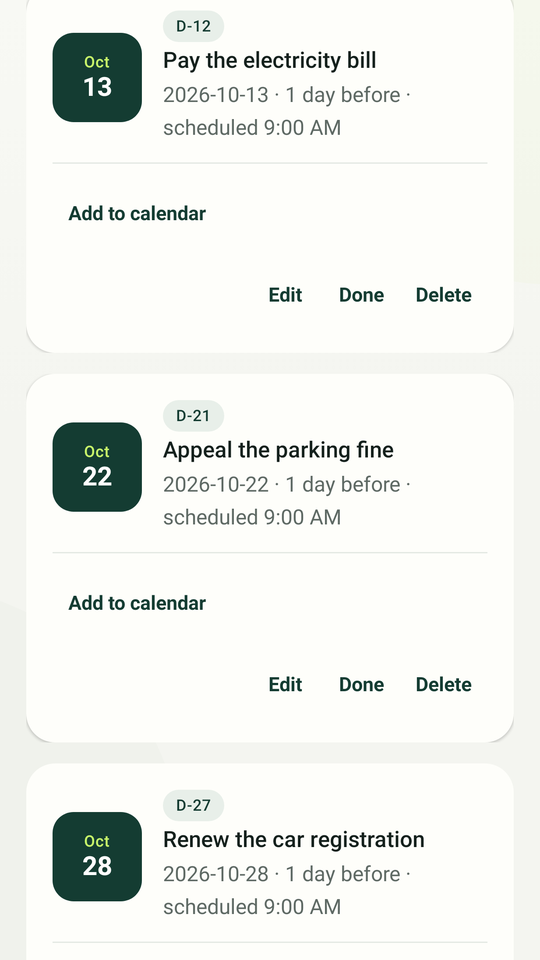 Saved deadlines grouped by date